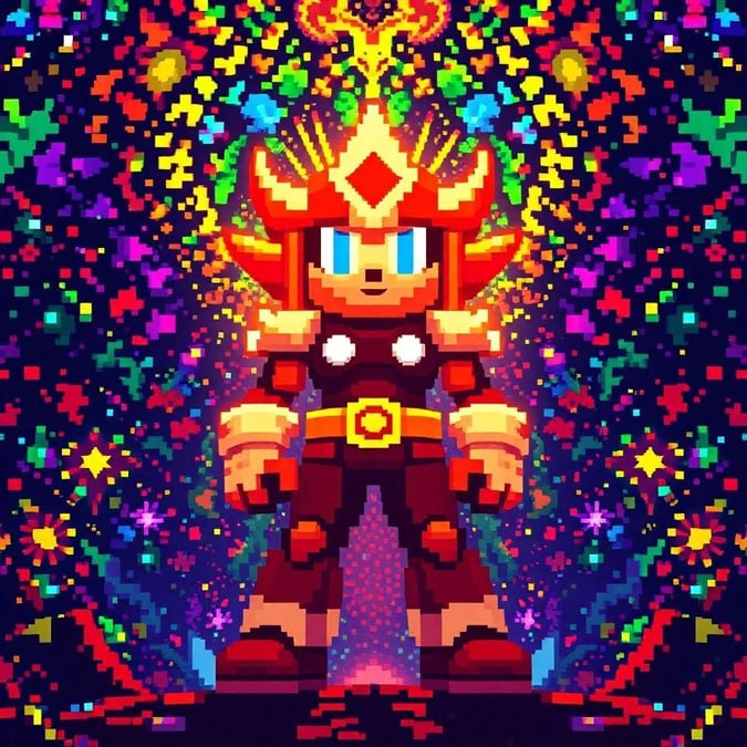 This pixel art of a video game character embodies the spirit of gaming. With vibrant colors and a dynamic pose, this wallpaper will add a touch of digital whimsy to your desktop or mobile device.