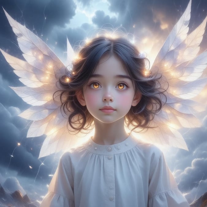 A beautiful anime girl with a kaleidoscope of wings made from origami paper, set against a stormy sky. The girl's determined expression adds a touch of tranquility to the scene.