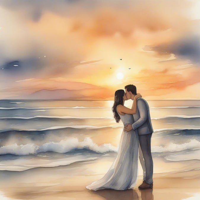 A serene and intimate beach wedding scene, capturing the love and joy of the couple as they exchange vows at sunset.