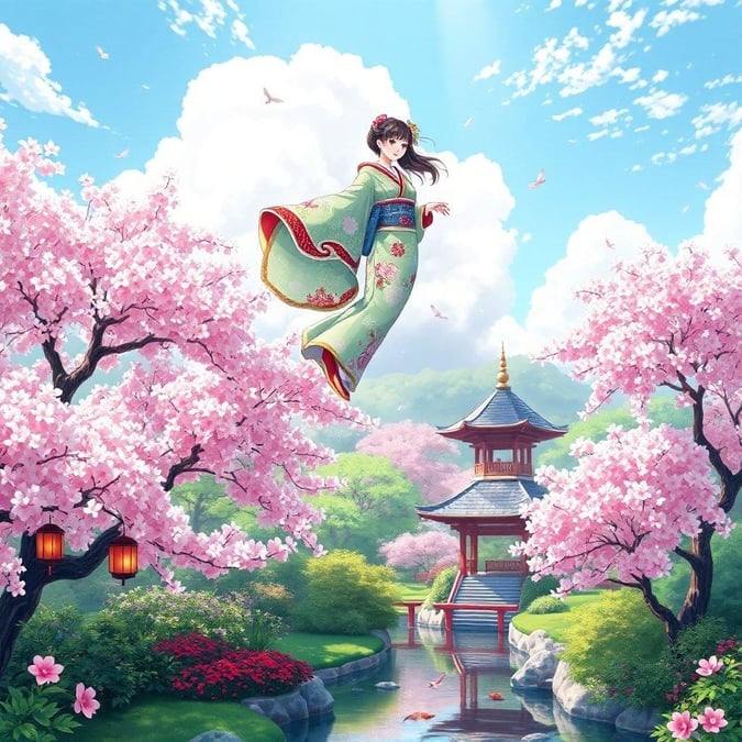 Imprégnez-vous de la beauté sereine d'une geisha anime flottant sur un nuage au-dessus d'un jardin japonais, où des couleurs vives et des détails complexes se rejoignent dans un moment paisible de la nature.