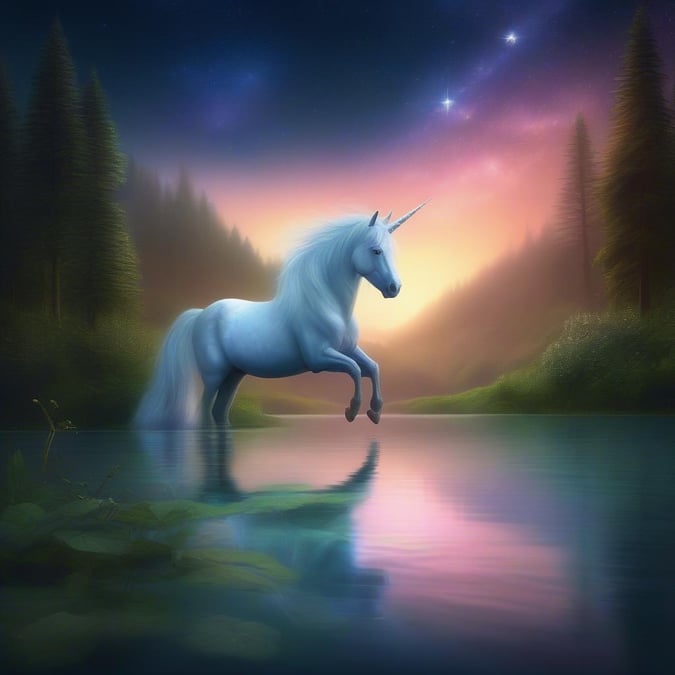 A mystical scene featuring a majestic unicorn at dusk, where the sky meets the calm river on a serene night.