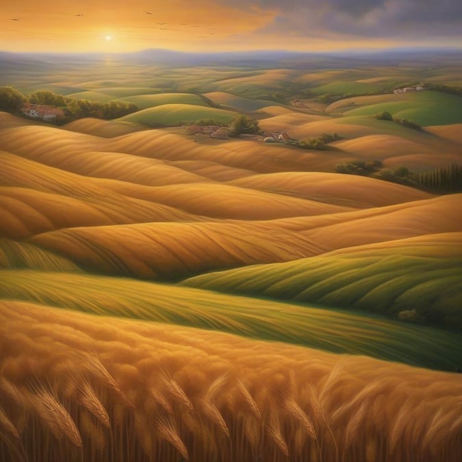 A peaceful countryside scene with golden fields stretching into the distance, set against a beautiful sunset.