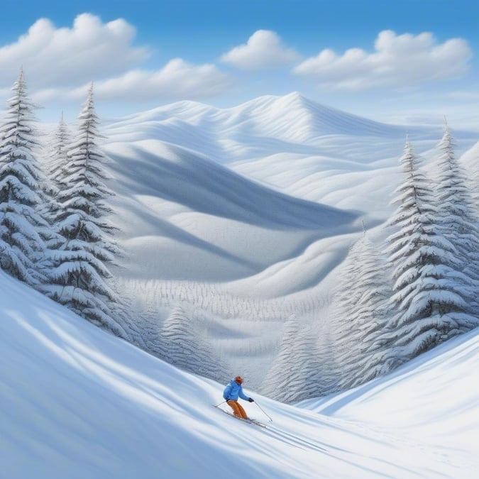 This beautiful festive winter wallpaper captures the thrill of skiing in the snowy mountains. The image features a skier in action, surrounded by breathtaking scenery and snow-covered trees.