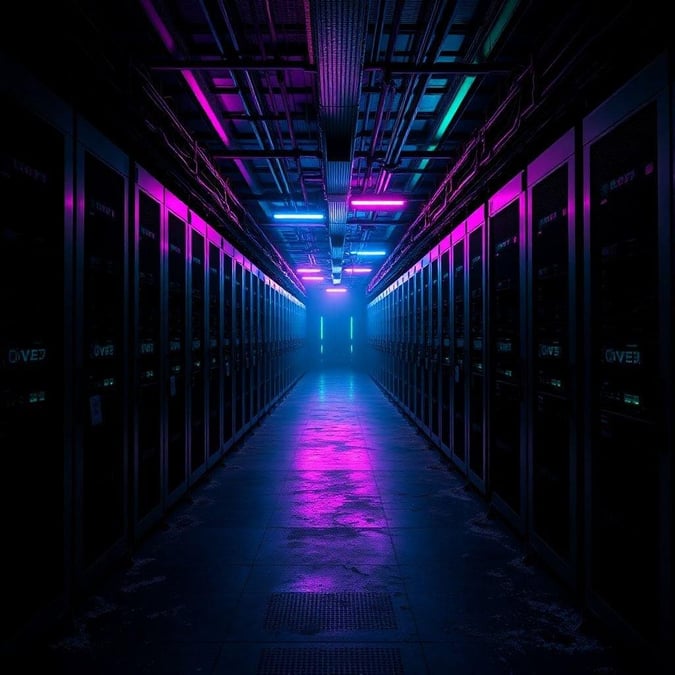 Explore the digital realm, where data is king. This cyberpunk data center awaits your exploration, with neon lights casting an ethereal glow over rows of servers. Are you ready for the journey into the heart of the digital age?