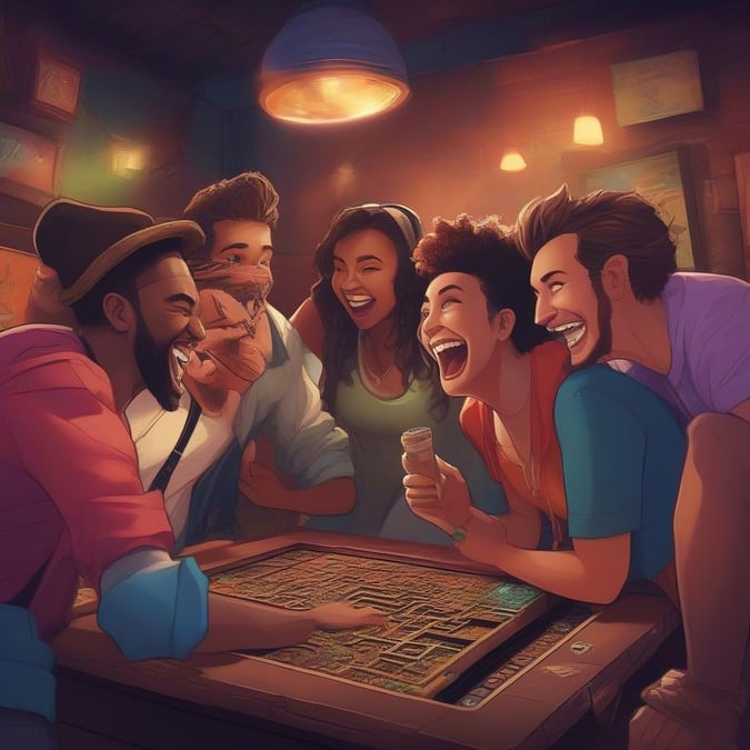 A group of friends gathered around a table, enjoying a board game night. They are laughing and cheering, creating an atmosphere of fun and camaraderie.