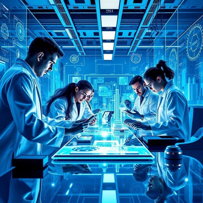 A group of brilliant minds in a futuristic lab, working on groundbreaking technology.