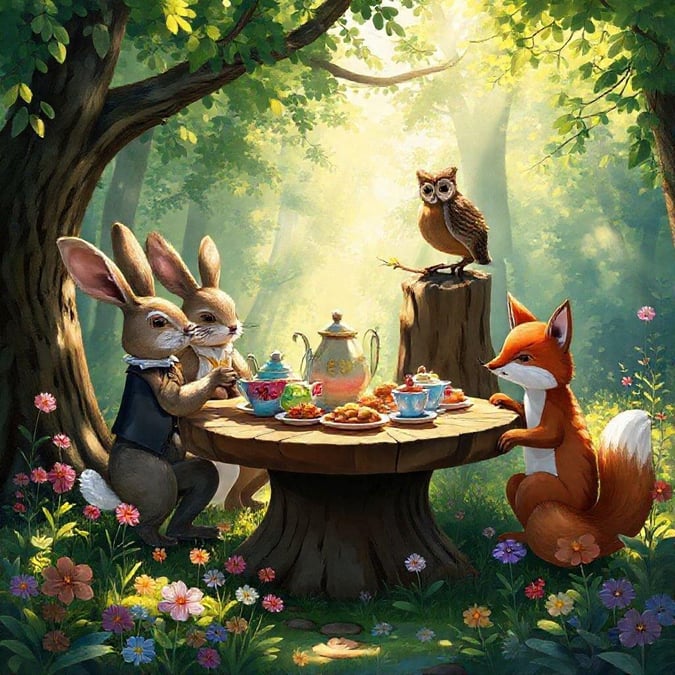 Join our woodland friends as they enjoy a picnic with honey, jam, and an assortment of pastries. The air is filled with the scent of fresh flowers, and the chirping of birds adds to the charm of this enchanting scene.