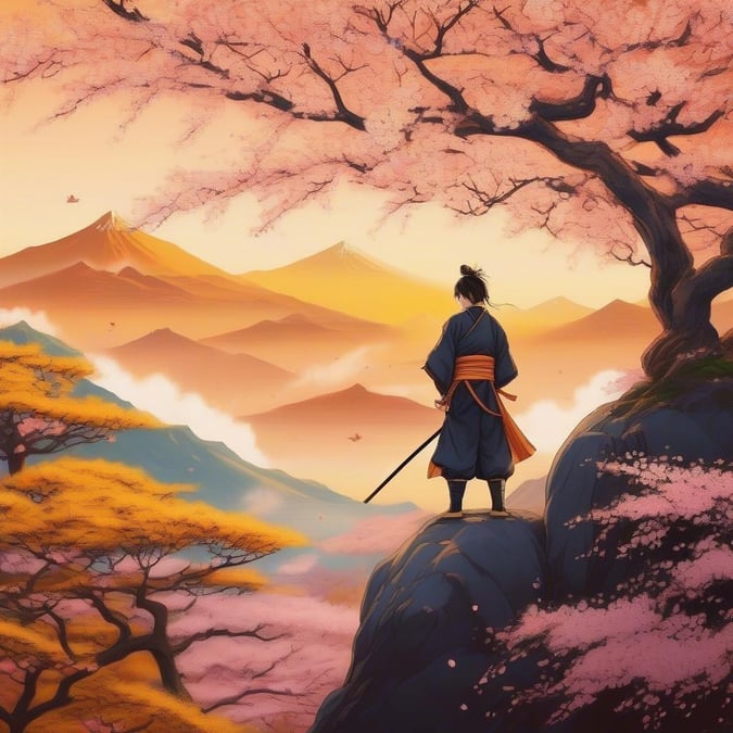 Ein junger Samurai steht auf einem Berggipfel und blickt auf eine wunderschöne Landschaft voller Kirschblütenbäume und entfernter Gipfel. Die lebendigen Farben des Sonnenuntergangs malen eine friedliche Szene, die das Wesen der Ruhe einfängt.