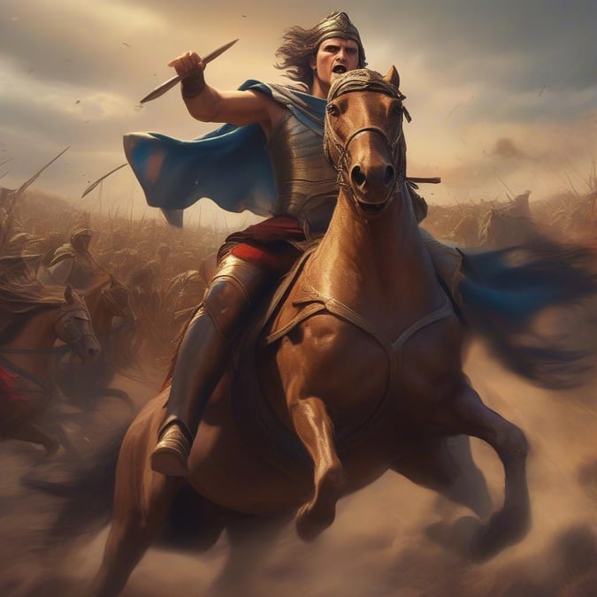 A mighty warrior in armor rides forward, leading a valiant charge on the battlefield. Surrounded by comrades and horses, this iconic figure embodies victory and glory.