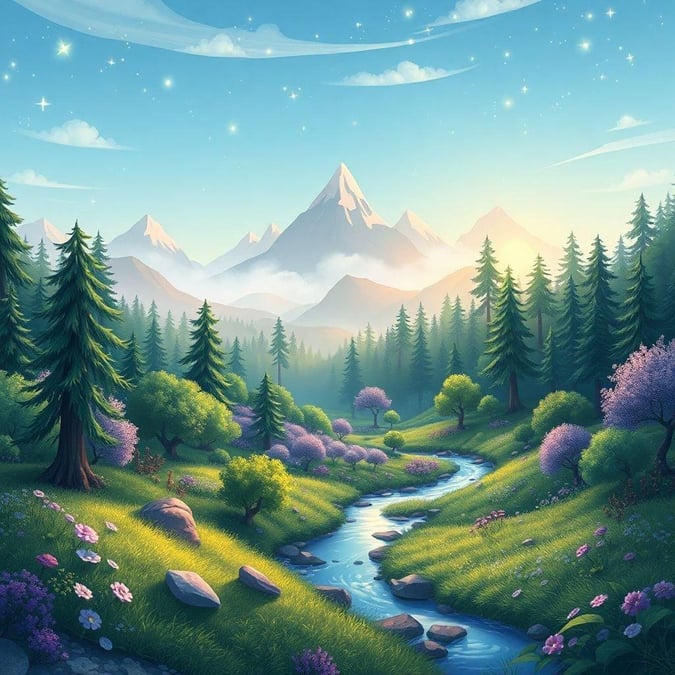 This enchanting cartoon landscape is a treat for the eyes, with its winding stream, lush greenery, and majestic mountains in the background. The bright blue sky with fluffy white clouds adds to the sense of tranquility and wonder.