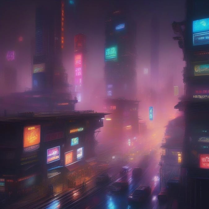 Dive into the neon-lit world of cyberpunk, where towering skyscrapers loom over rain-soaked streets. The digital glow of signs and screens illuminate the foggy night, hinting at a city that never sleeps.