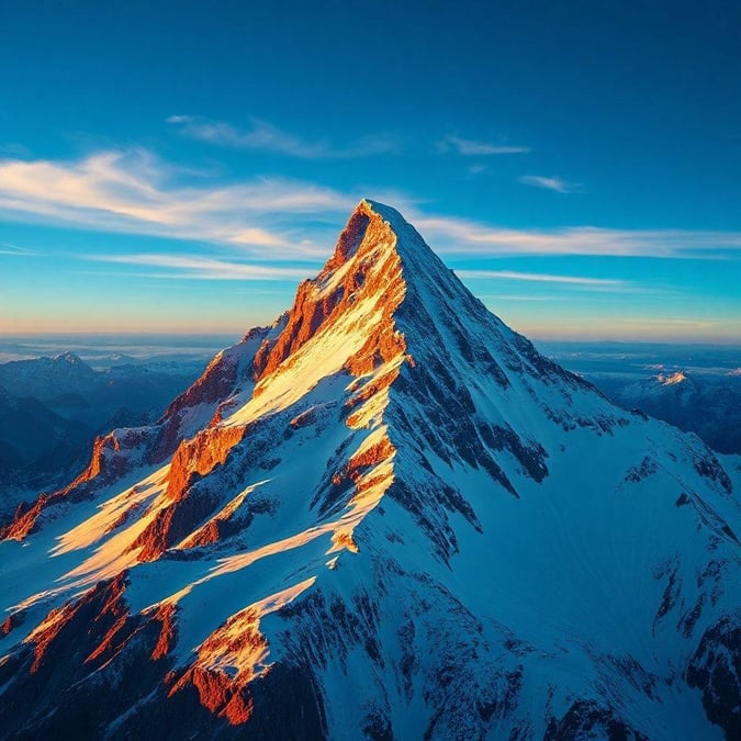 A breathtaking view of a towering snowy mountain peak with clear blue skies at dawn, perfect for a serene wallpaper.