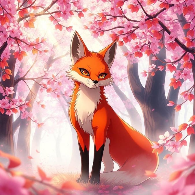 This stunning wallpaper features a detailed anime illustration of a fox spirit, surrounded by a forest of cherry blossom trees and misty autumn foliage. The central figure, a fox with a vibrant red and orange coat, is the focal point, while its expressive eyes are fixed on the viewer.