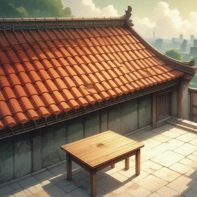 This captivating anime illustration transports viewers to a serene world, where a majestic red-tiled roof takes center stage. The intricate patterns and warm lighting create a sense of tranquility, inviting the viewer to step into this mystical scene.