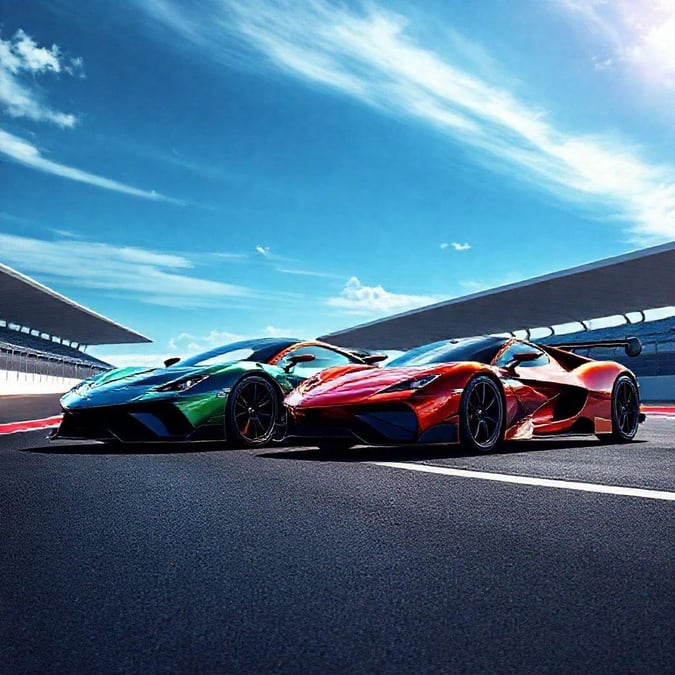 The sleek lines and vibrant colors of these luxury sports cars are a testament to the artistry and engineering that goes into their design. Captured against the backdrop of a race track, they exude an air of exclusivity and speed.