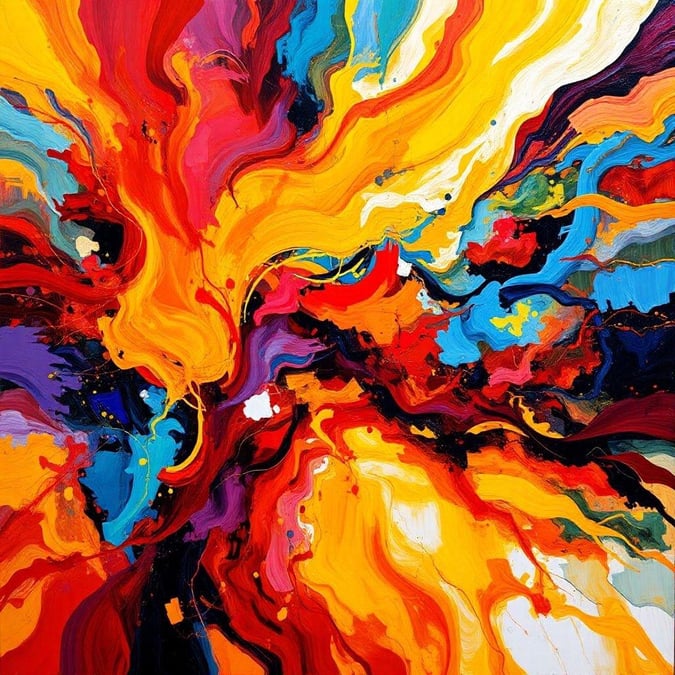 This stunning abstract artwork is a feast for the eyes, with its bold colors and dynamic brushstrokes creating a sense of energy and movement.