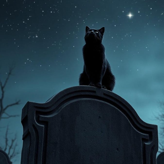 This spooky wallpaper features a black cat sitting on top of a tombstone, surrounded by the eerie atmosphere of a graveyard at night.