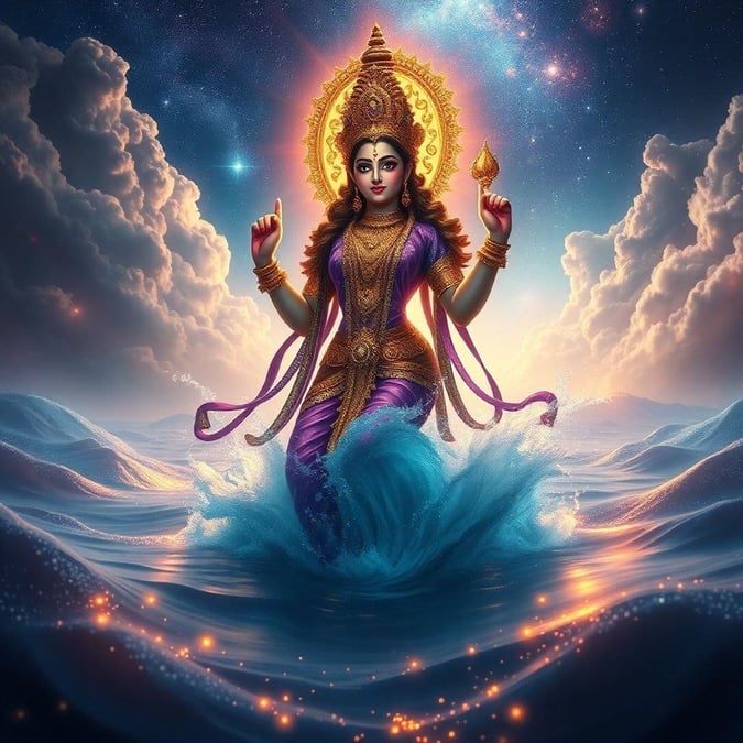 This stunning wallpaper features Goddess Lakshmi, the Hindu goddess of wealth and prosperity, standing in the ocean. The image is a beautiful representation of the goddess's power and beauty, and it would make a great addition to any desktop or mobile wallpaper collection.