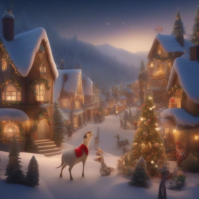 A festive Christmas village scene with a snowy street, decorated houses, and a reindeer in the foreground.