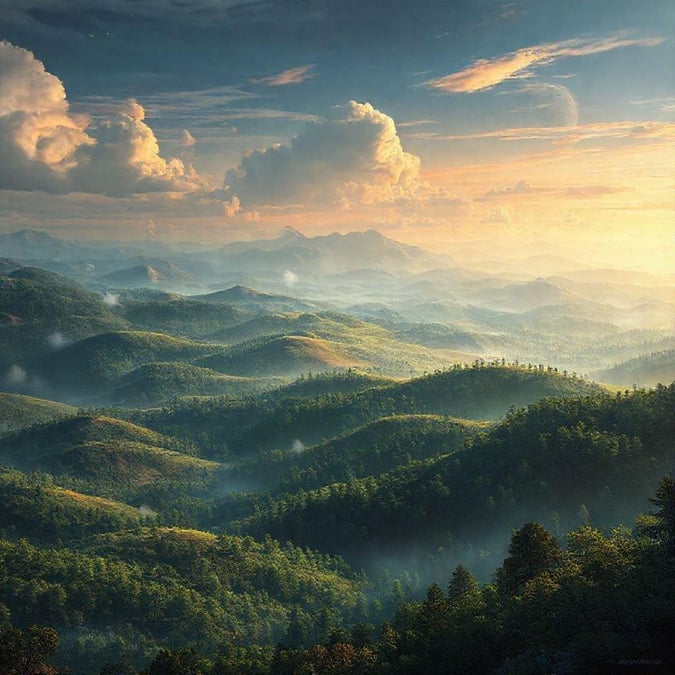 Breathtaking view of a lush, misty valley between towering mountains, evoking the majesty of fantasy realms.