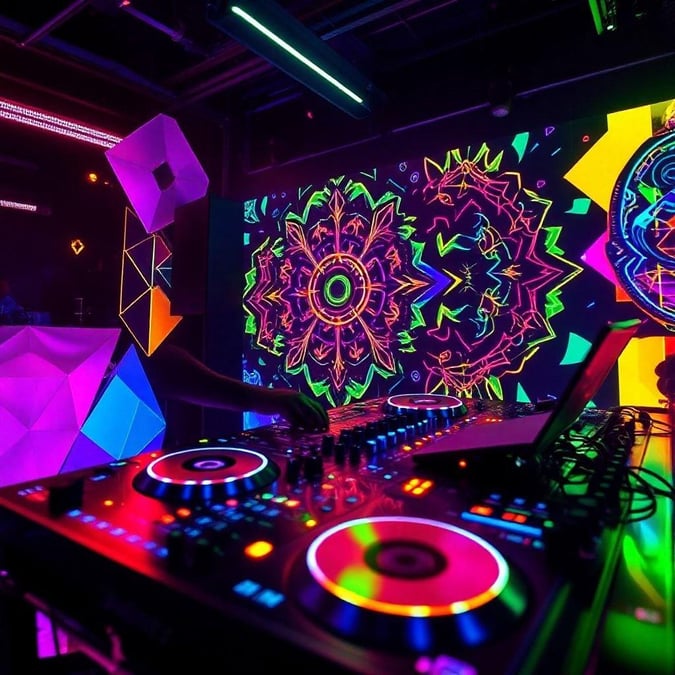 Vibrant club scene with colorful lights, DJ mixing tracks on dual turntables.