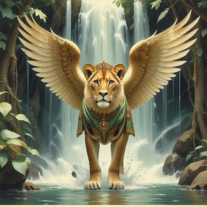 A majestic lioness stands behind a cascading waterfall, surrounded by a lush forest, in this anime-inspired illustration.