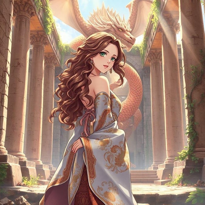 Immerse yourself in this captivating anime illustration of a beautiful woman and a majestic dragon, set against the backdrop of a crumbling temple. The warm hues and intricate details bring the scene to life, inviting you to explore the tranquility and grandeur of this fantastical world.