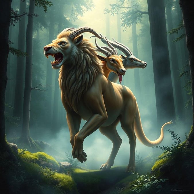 In this magical forest scene, we see two fantastical creatures: a unicorn with its elegant horn and a lion with his majestic mane. They are both surrounded by the mist of the woods, giving a sense of wonder and enchantment.