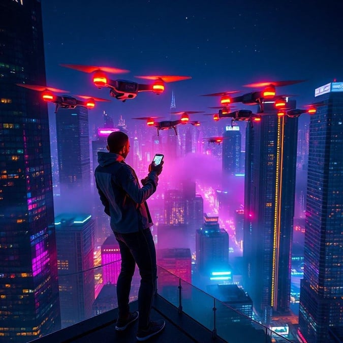 A vibrant futuristic city at night, filled with towering skyscrapers, a lively urban center and bustling streets. The main focus is on the man who is using his phone to control drones soaring above the metropolis.