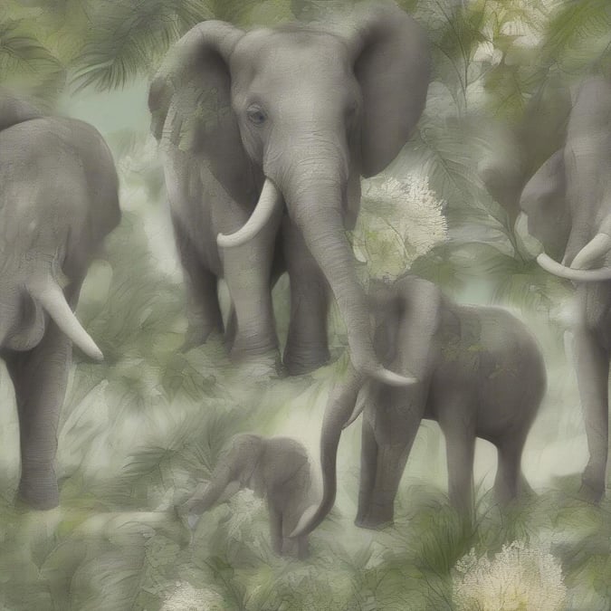 A charming scene of four elephants, two adults and two young ones, exploring the woods. The tall trees and foliage provide a serene backdrop for these gentle giants.