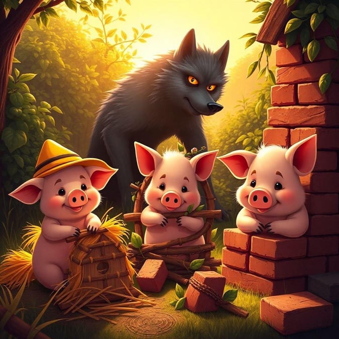 In this charming scene, three little pigs from the beloved Disney tale are enjoying a picnic in the forest. The youngest pig is in the middle, and the other two are on either side of him, forming a cute trio. They seem to be having a wonderful time, with their snoutfuls full of delicious treats. Behind them stands a watchful wolf, adding an element of adventure to this delightful image.