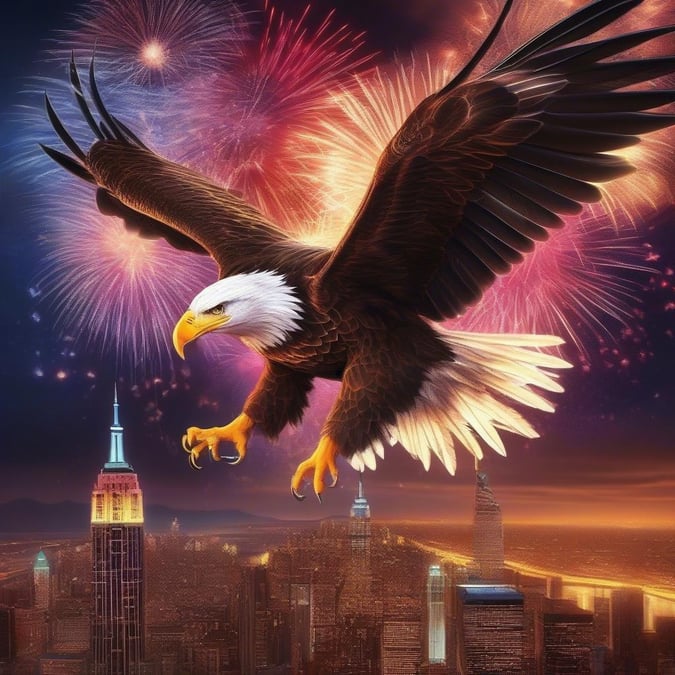 The iconic American bald eagle soaring above the lights of Times Square, a symbol of freedom on Independence Day.