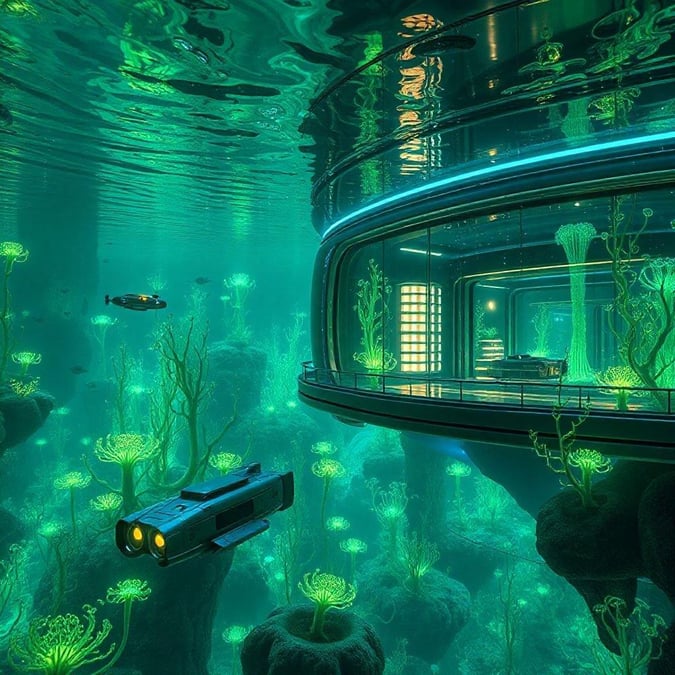 Immerse yourself in this breathtaking sci-fi landscape, where cutting-edge architecture meets the wonders of the ocean.