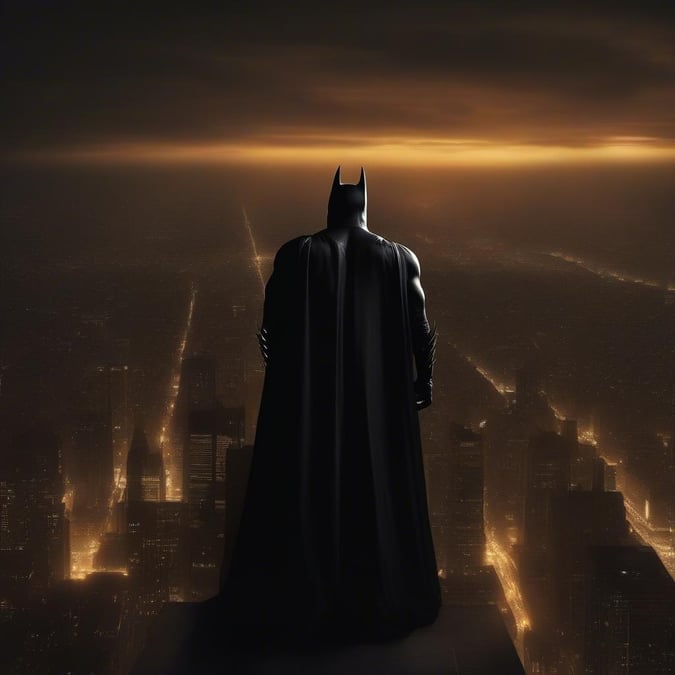 The Dark Knight gazes into the Gotham night, his vigilant eyes never straying from duty. Amidst the towering skyscrapers and the swirling fog of a stormy evening, Batman stands as a beacon of justice in a city shrouded by mystery.