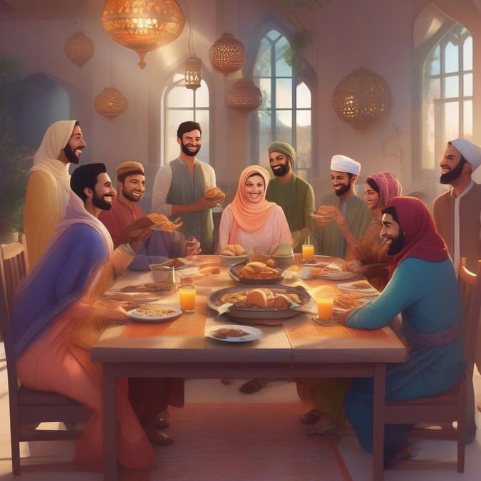 A heartwarming scene of people coming together to share a meal during the holy month of Ramadan and the festive occasion of Eid.