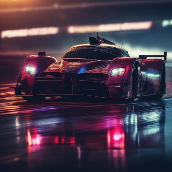 A high-performance racing car swiftly maneuvers through wet city streets during a nighttime race, under the glow of track lights.