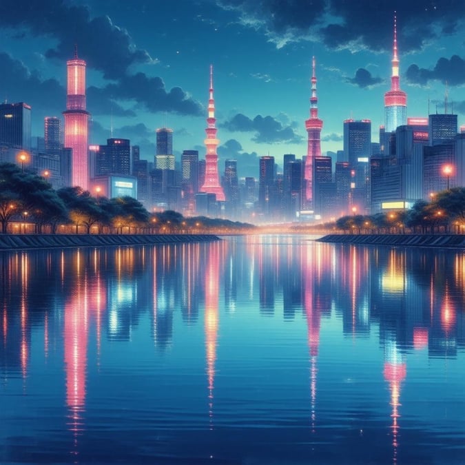 Tauchen Sie ein in die lebendige Welt des Anime mit diesem atemberaubenden Wallpaper der Stadt Tokio. Die Neonlichter spiegeln sich im ruhigen See und schaffen eine faszinierende Szene, die das Wesen des futuristischen Japans einfängt.