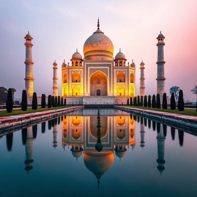 Experience the breathtaking beauty of the Taj Mahal at sunset, a symbol of love and architectural wonder.