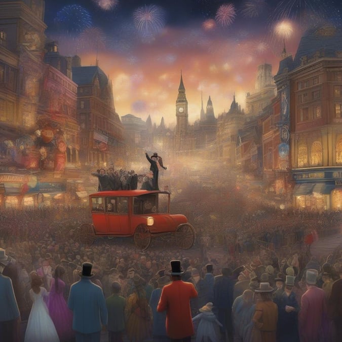 A lively scene from a bygone era, with people dancing and celebrating the new year. The streets are filled with cheering crowds and colorful fireworks light up the sky, creating a festive atmosphere.