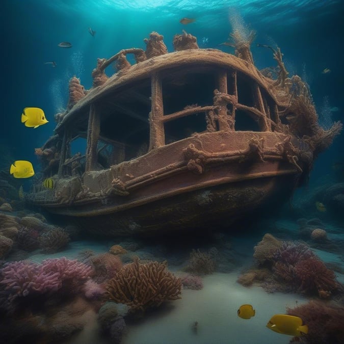 Explore the depths of the ocean where an old shipwreck lies. The once bustling vessel now sits silent and still on the ocean floor, a testament to its past voyages. Surrounded by colorful marine life and vibrant coral reefs, this underwater world is both eerie and beautiful.