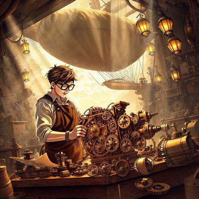 I en steampunk-värld där kugghjul och maskiner regerar, står en uppfinnare ut. Denna detaljerade digitala illustration fångar essensen av anime-liknande konst med sina livliga färger och dynamiska komposition. Uppfinnaren är omgiven av en mängd kugghjul och maskiner, var och en berättar sin egen historia om uppfinningsrikedom och kreativitet. I bakgrunden svävar ett stort luftskepp, vilket bidrar till den fantastiska atmosfären. Denna bild skulle göra sig utmärkt som bakgrund på både stationära och mobila enheter.