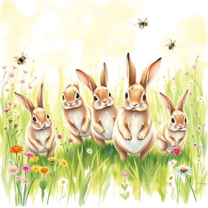 A charming scene of four bunnies enjoying a sunny day in the meadow, with bees buzzing around. The perfect pick for your desktop wallpaper.