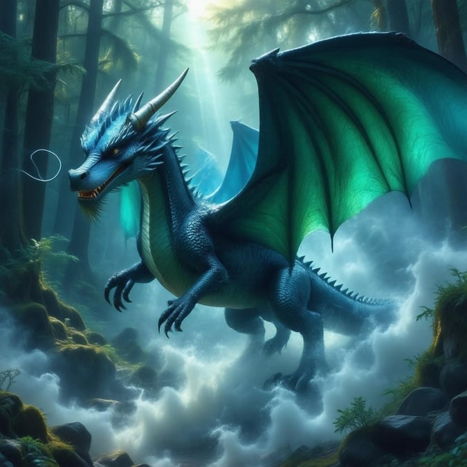 A majestic blue and green dragon soaring through a misty forest, surrounded by towering trees under the warm glow of sunlight filtering through the clouds. The scene is alive with anime-like atmosphere, capturing the essence of fantasy adventure.