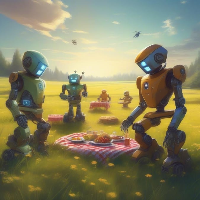 In the serene outdoor setting, these three robots enjoy a friendly gathering around a picnic table. The day is clear and it's perfect weather for a meal outdoors.