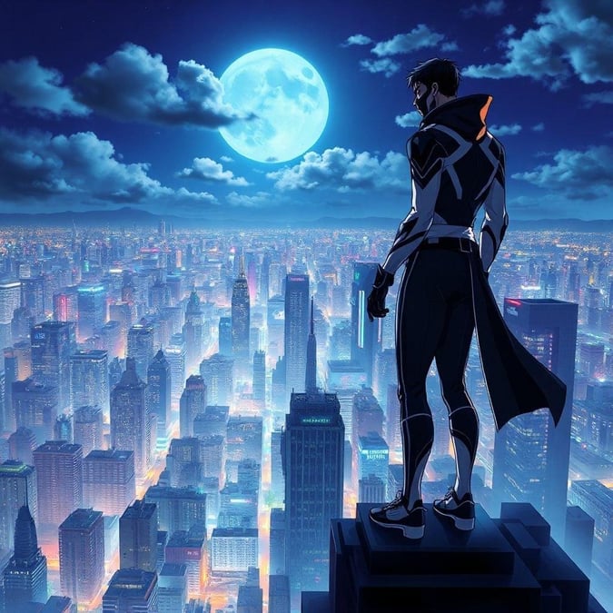 Este papel de parede de anime captura a essência de um vigilante solitário em pé no topo de um arranha-céu, olhando para a paisagem urbana à noite. A atmosfera escura e misteriosa é palpável, com a presença da figura mascarada adicionando um ar de intriga.