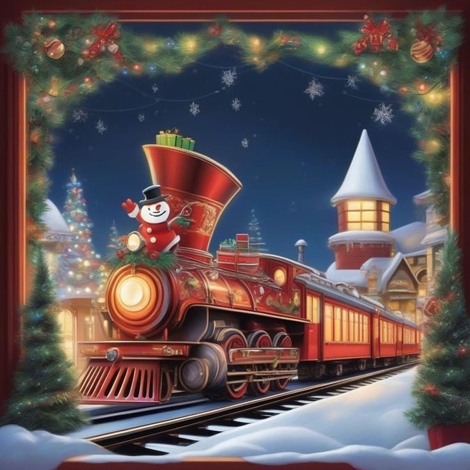 Get in the holiday spirit with this festive Christmas train ride wallpaper, featuring a charming train and snowman against a winter wonderland backdrop.