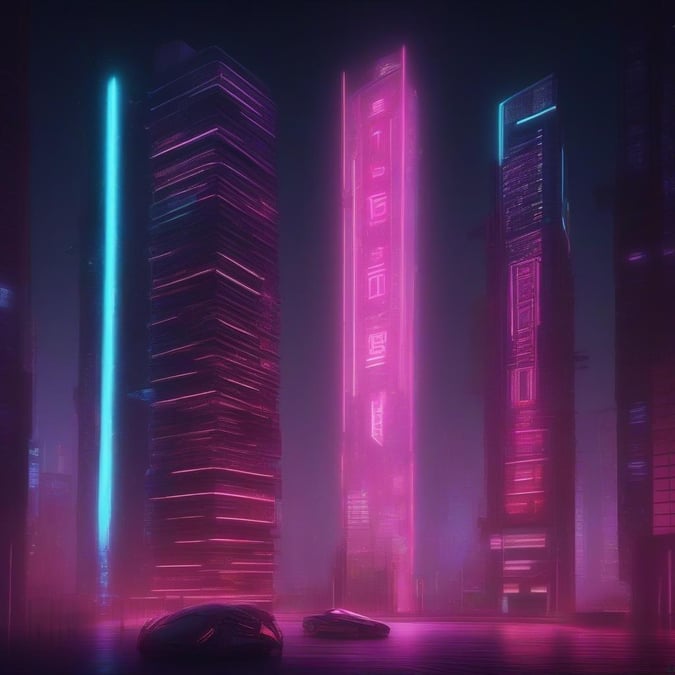 A cyberpunk cityscape, the pink glow of neon signs against the foggy night sky. A car parked in a desolate lot under towering skyscrapers.