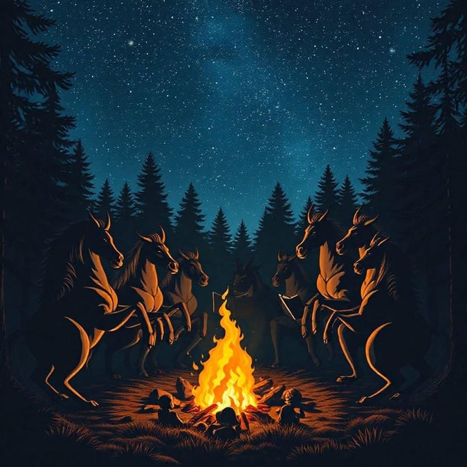 A fantastical gathering around a warm campfire in an enchanted forest, with majestic horses and otherworldly creatures sharing stories under a starlit sky.