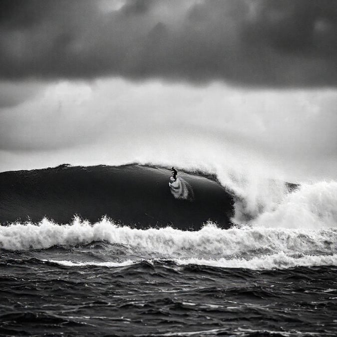 This black and white photo captures the thrilling moment when a surfer, clad in wetsuit, skillfully rides a monster wave. The dynamic action is frozen mid-motion, creating a sense of motion in stillness. The surfer's daring leap into the wave shows their expertise and fearlessness in conquering nature's power.