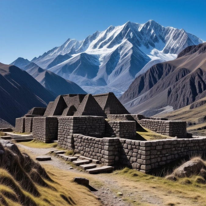 This stunning image captures the grandeur of an ancient Inca ruin nestled in the breathtaking Andes Mountains. The intricate stone structure, with its pyramid-like shape and overlapping stones, exudes a sense of history and culture. The surrounding low wall adds to the sense of grandeur, while the snow-capped mountains and clear blue sky provide a dramatic backdrop. This image is perfect for anyone who loves history, culture, and the natural beauty of the Andes.